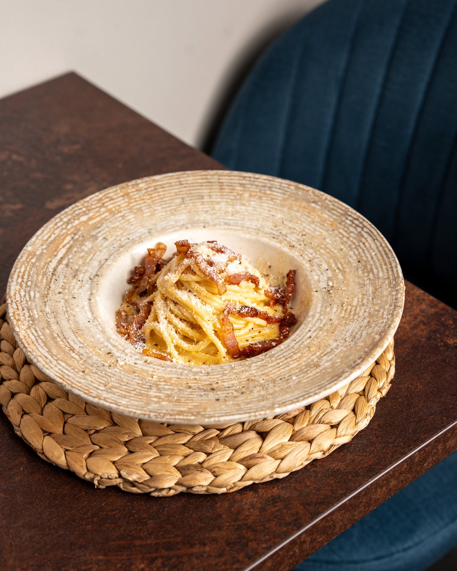 Spaghetti Carbonara maison, pancetta et pecorino